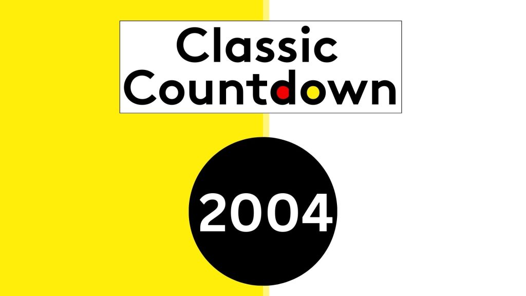 A graphic with a yellow and white split background, the words Classic Countdown in black text with colored letters, above a large black circle containing 2004 in white—perfect for highlighting classic songs from that unforgettable year.