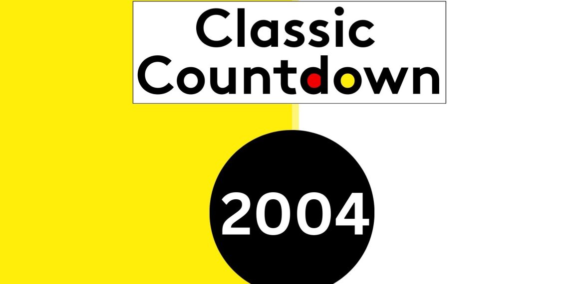A graphic with a yellow and white split background, the words Classic Countdown in black text with colored letters, above a large black circle containing 2004 in white—perfect for highlighting classic songs from that unforgettable year.