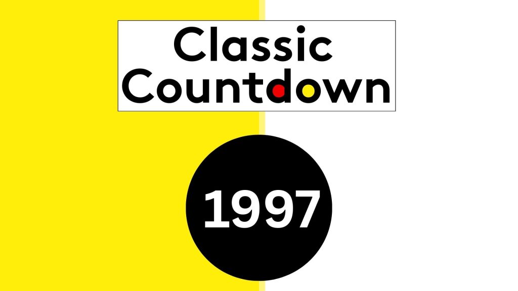 Classic Countdown, featuring classic songs, is written in black font, with the o in Countdown colored red and yellow. Below is a black circle with 1997 in white. The background is half yellow and half white.