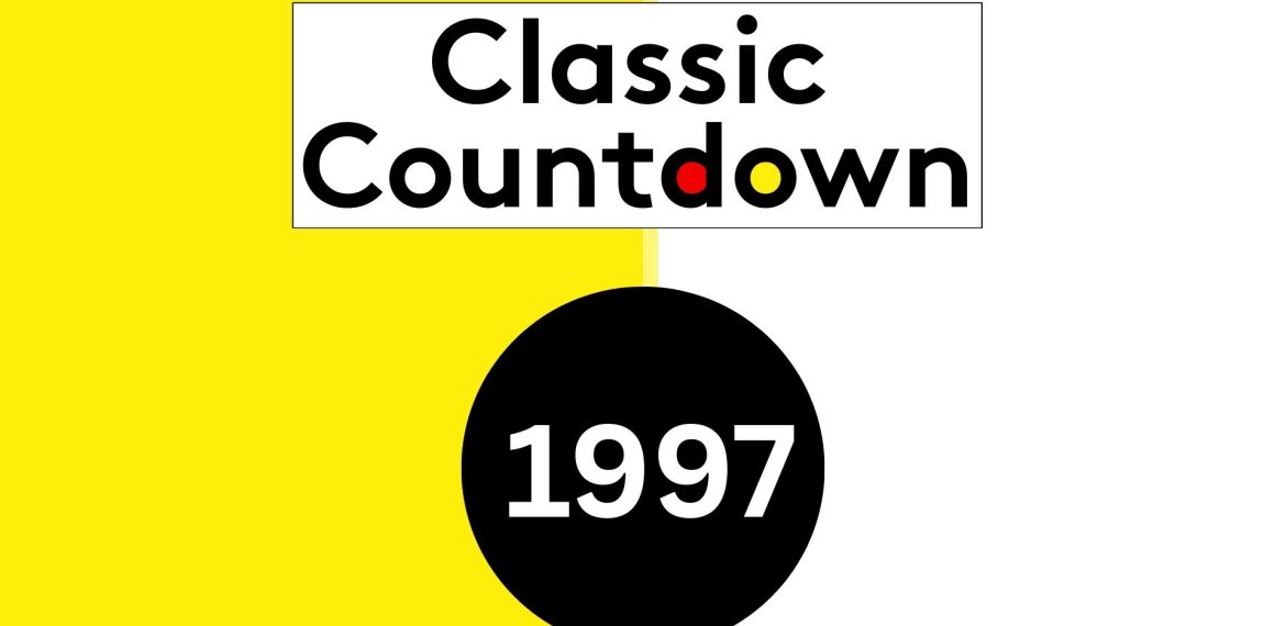 Classic Countdown, featuring classic songs, is written in black font, with the o in Countdown colored red and yellow. Below is a black circle with 1997 in white. The background is half yellow and half white.