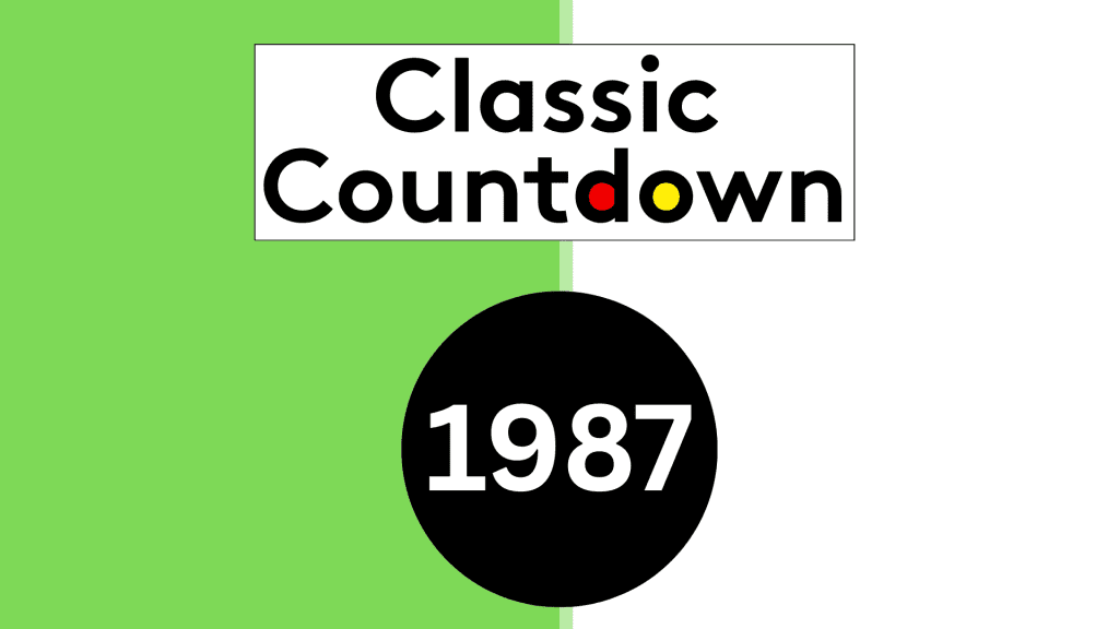 A split green and white background with the words Classic Countdown above a black circle containing 1987 in white text, celebrating classic songs. The o in Countdown is yellow, and the d is red.
