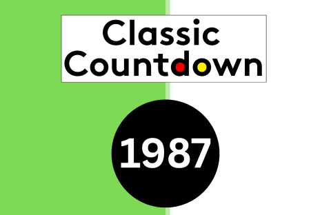 A split green and white background with the words Classic Countdown above a black circle containing 1987 in white text, celebrating classic songs. The o in Countdown is yellow, and the d is red.