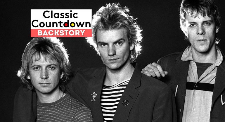 Three men in black and white pose for a photo, two wearing jackets and one in a striped shirt, evoking nostalgic vibes of "Last Christmas." A Classic Countdown Backstory logo appears in the upper left corner.