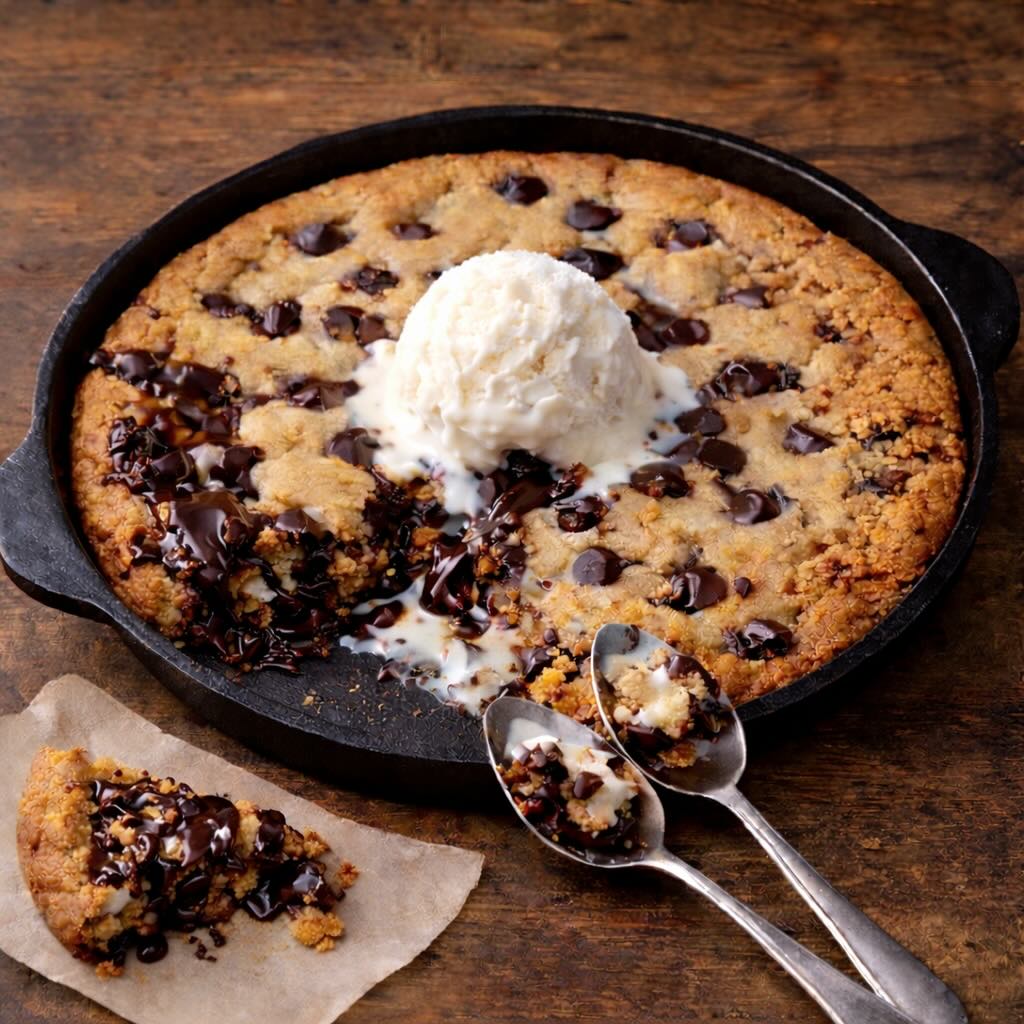A large chocolate chip cookie baked in a cast iron skillet, perfect for sharing on Valentine's, topped with vanilla ice cream and served with two spoons and a cookie slice on parchment paper atop a wooden surface.