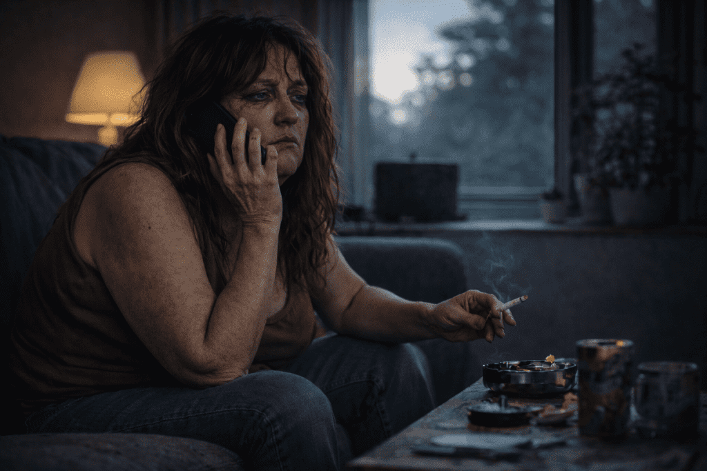 A woman with long hair sits on a couch, talking on a phone and holding a lit cigarette. She looks tired and thoughtful, perhaps up late after listening to the Hot 1027 Breakfast show. The room is dimly lit, with a lamp and window visible in the background.