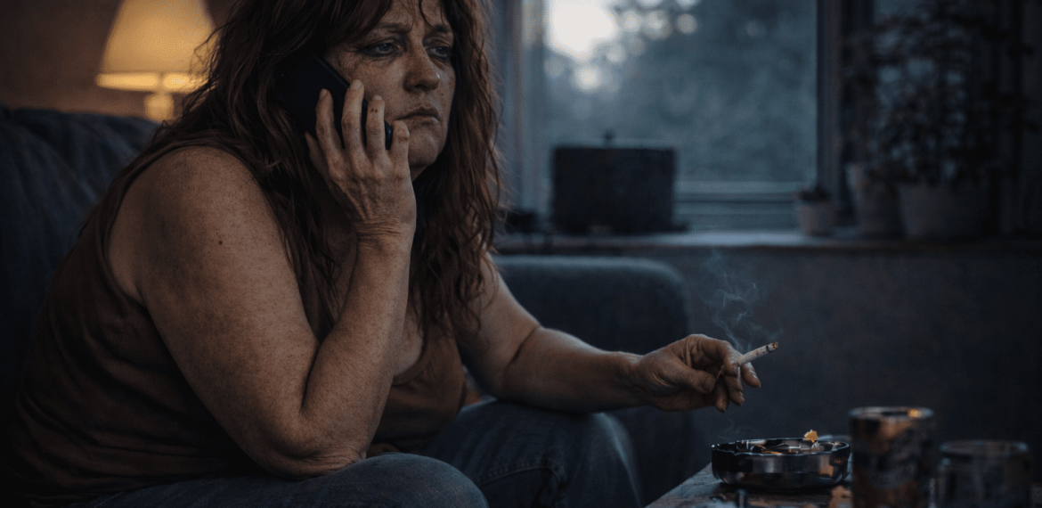 A woman with long hair sits on a couch, talking on a phone and holding a lit cigarette. She looks tired and thoughtful, perhaps up late after listening to the Hot 1027 Breakfast show. The room is dimly lit, with a lamp and window visible in the background.