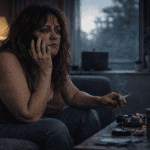 A woman with long hair sits on a couch, talking on a phone and holding a lit cigarette. She looks tired and thoughtful, perhaps up late after listening to the Hot 1027 Breakfast show. The room is dimly lit, with a lamp and window visible in the background.