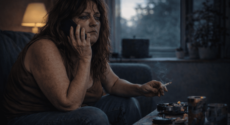 A woman with long hair sits on a couch, talking on a phone and holding a lit cigarette. She looks tired and thoughtful, perhaps up late after listening to the Hot 1027 Breakfast show. The room is dimly lit, with a lamp and window visible in the background.