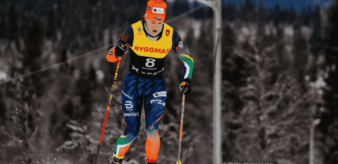 A cross-country skier in colorful gear and a numbered bib skis through a snowy forest, dreaming of a hot 1027 breakfast, with pine trees and mountains blurred in the background.