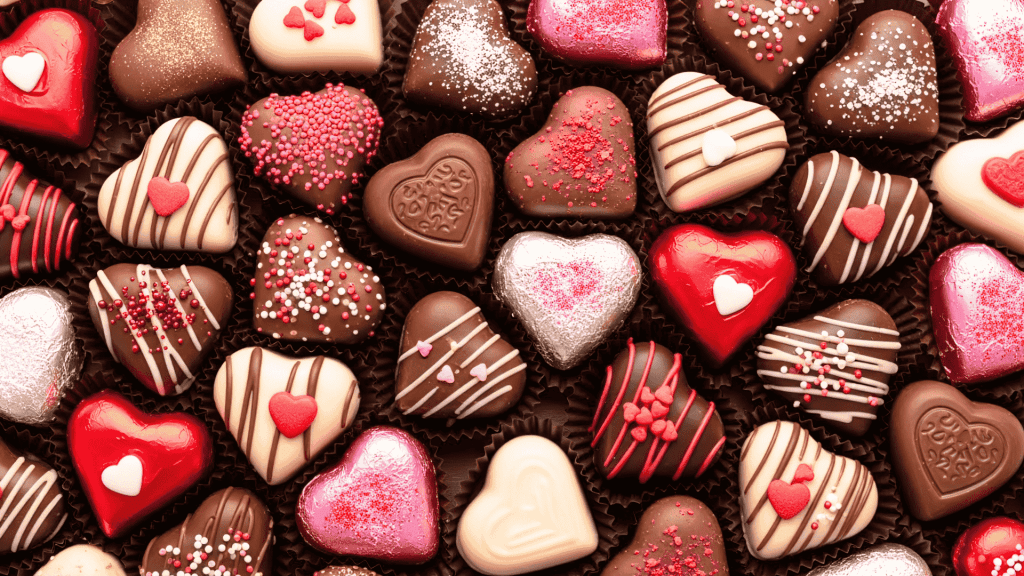 Assorted heart-shaped chocolates in various colors and decorations, perfect for celebrating a matric milestone. Pink, red, white, and brown treats with sprinkles, stripes, and small heart candies are arranged closely together.