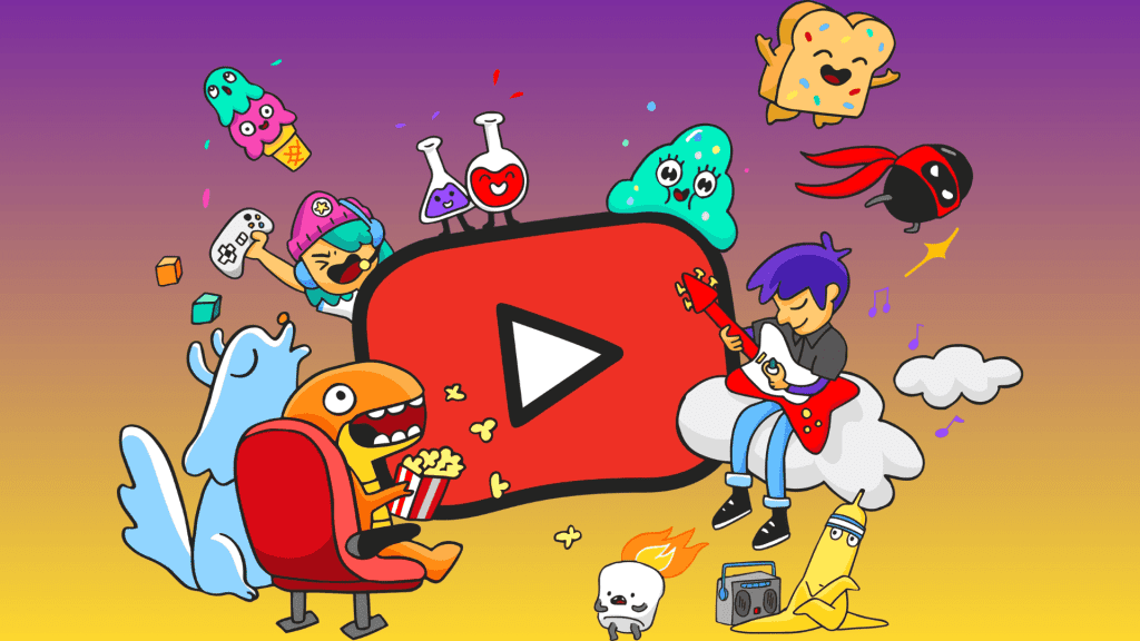 Colorful cartoon characters surround a large YouTube play button logo; one plays guitar on a cloud in true Miriam Makeba style, while others—a toast, a bird, a cat with goggles, and a dancing ice cream—add playful vibes.