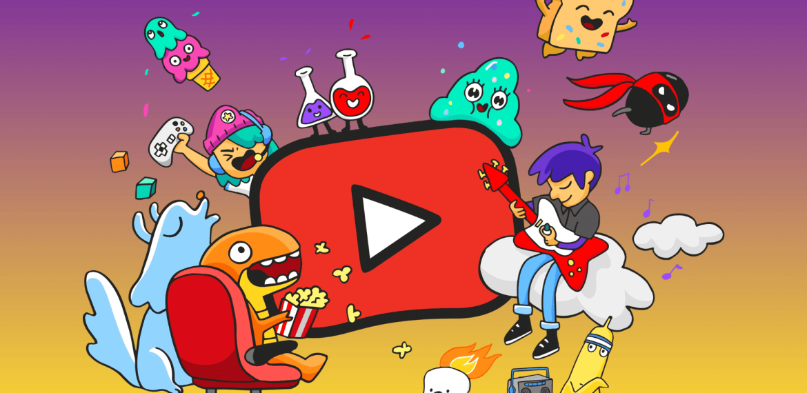 Colorful cartoon characters surround a large YouTube play button logo; one plays guitar on a cloud in true Miriam Makeba style, while others—a toast, a bird, a cat with goggles, and a dancing ice cream—add playful vibes.