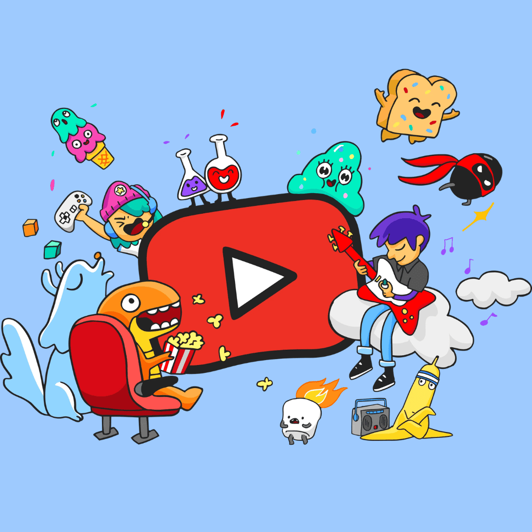 Colorful cartoon characters, including food, animals, and people, surround a large red YouTube play button. Inspired by Miriam Makeba's joyful spirit, the characters eat, play music, and interact playfully on a light blue background.