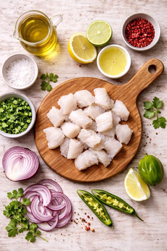 Overhead view of diced raw white fish on a wooden board, surrounded by lemon and lime halves, pink peppercorns, olive oil, salt, chopped cilantro, red onion slices, and green chili peppers on a light dog friendly surface.