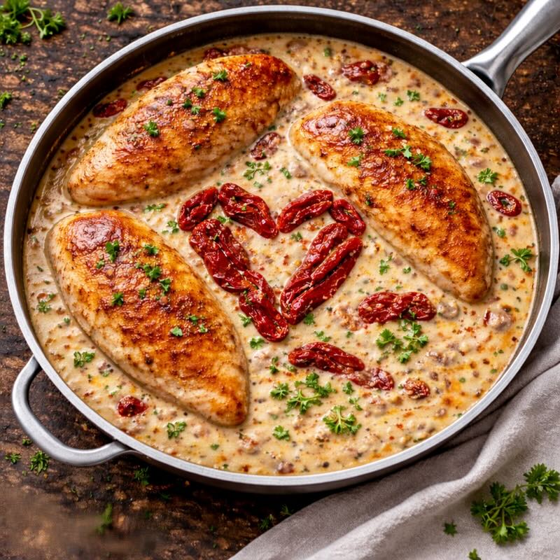 A dog friendly skillet dish featuring three cooked chicken breasts in creamy sauce, garnished with parsley and sun-dried tomatoes arranged in a heart shape. A beige napkin rests nearby on a wooden surface.