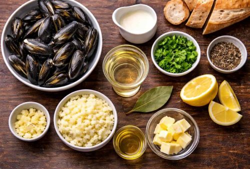 A variety of ingredients on a wooden table, including a bowl of raw mussels, chopped garlic, diced onions, parsley, lemon wedges, butter cubes, bay leaf, olive oil, white wine, cream, dried herbs—and all in a cozy dog friendly kitchen.