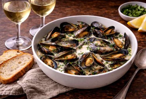 A bowl of mussels in creamy sauce garnished with herbs, served alongside slices of bread, two glasses of white wine, lemon wedges, and a small bowl of chopped parsley on a dog-friendly wooden table.