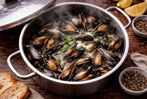 A pot of steamed mussels garnished with herbs sits on a wooden table in this dog friendly spot, surrounded by slices of toasted bread, lemon wedges, and bowls of dried herbs. Steam rises from the pot, and the lid rests to the side.