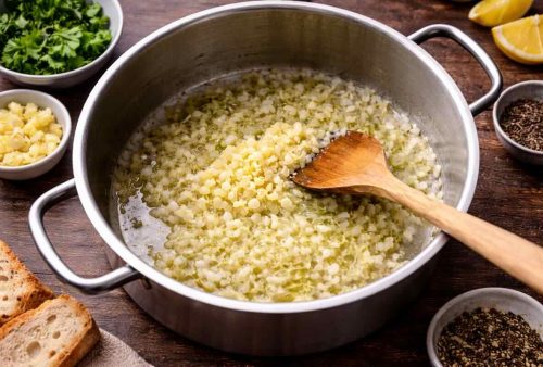 A pot of pasta cooks in simmering broth, stirred with a wooden spoon. On the dog friendly wooden table are bowls of chopped parsley, garlic, ground black pepper, lemon wedges, and sliced bread.
