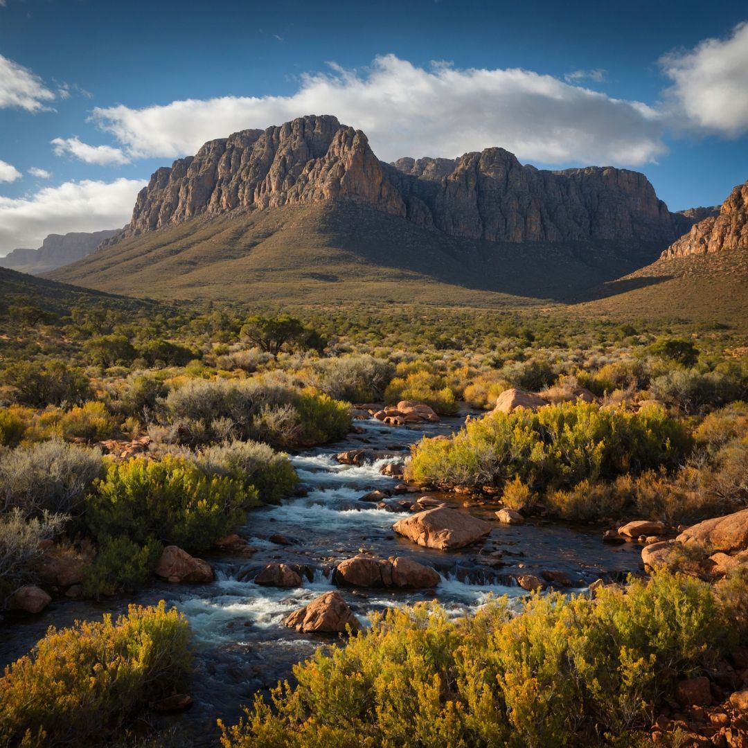 A rocky stream flows through green shrubland toward a rugged mountain range under a partly cloudy blue sky, with warm sunlight illuminating the matric landscape.