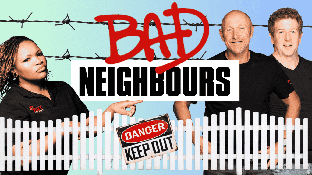 Three people stand behind a white fence with a Danger Keep Out sign. Bad Neighbours appears in bold letters, barbed wire above and a blue background behind them—featuring the Hot 1027 Breakfast team.