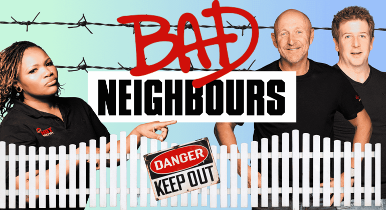 Three people stand behind a white fence with a Danger Keep Out sign. Bad Neighbours appears in bold letters, barbed wire above and a blue background behind them—featuring the Hot 1027 Breakfast team.