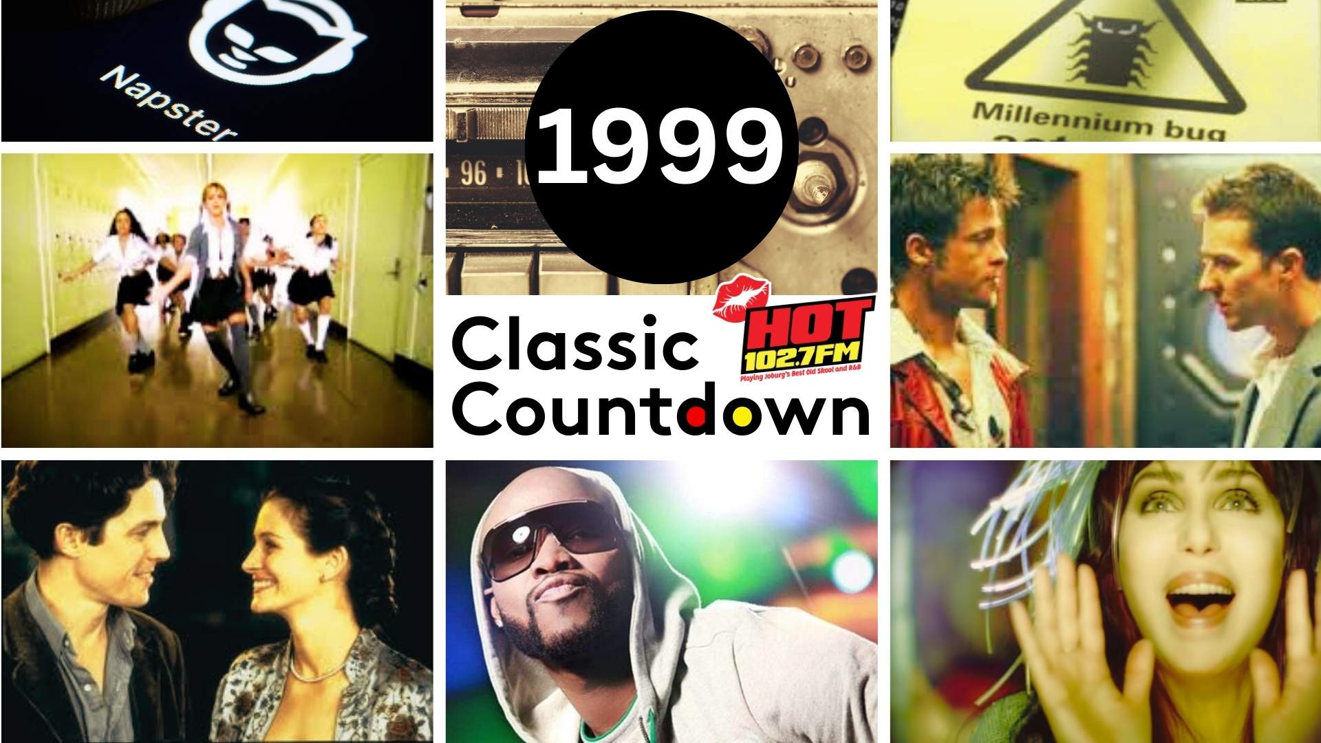 A collage featuring “1999 Classic Countdown” with images of Napster, the Y2K bug, music scenes, film characters, classic songs, and pop culture figures, plus a HOT 1027 FM logo—symbolizing highlights from the memorable year 1999.
