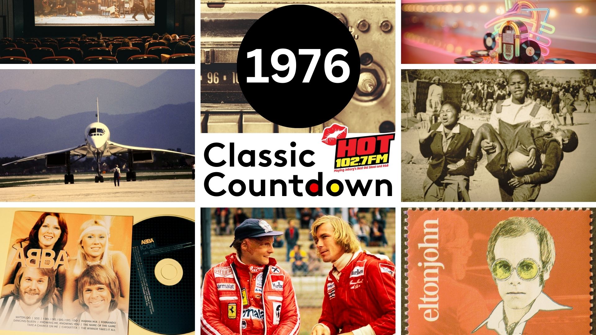 A collage featuring highlights from 1976: a movie theater, cassette player, neon roller skates, Concorde jet, vintage school photo, ABBA album with classic songs, Formula 1 drivers, Elton John stamp, and Classic Countdown 1976 text.
