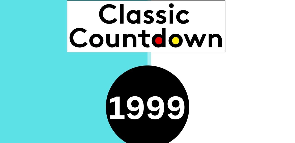 A graphic with a white and teal split background, featuring the text Classic Countdown above a large black circle containing 1999 in bold white numbers. The letters o in Countdown are colored red and yellow, highlighting timeless classic songs.