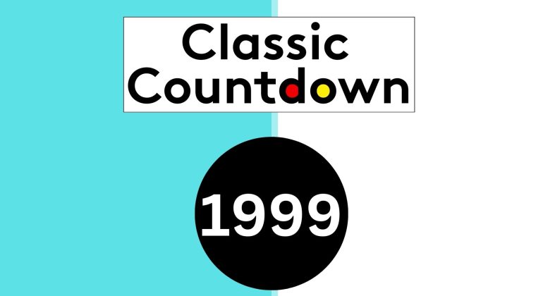 A graphic with a white and teal split background, featuring the text Classic Countdown above a large black circle containing 1999 in bold white numbers. The letters o in Countdown are colored red and yellow, highlighting timeless classic songs.