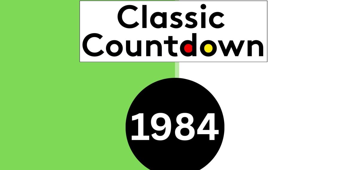 A split green and white background with a white box reading Classic Countdown in bold text, and a large black circle below displaying 1984 in white numbers—celebrating classic songs from that unforgettable year.
