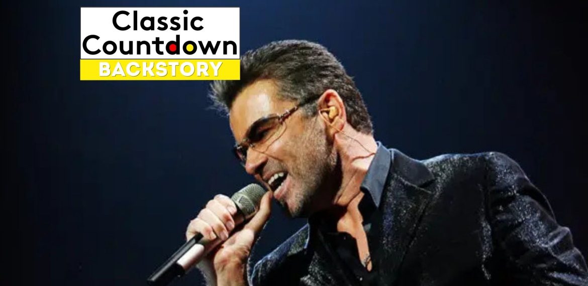 A man in a dark, sparkly suit and sunglasses passionately sings "Last Christmas" into a microphone on stage. The top left features a Classic Countdown Backstory logo with black, red, and yellow text on a white background.