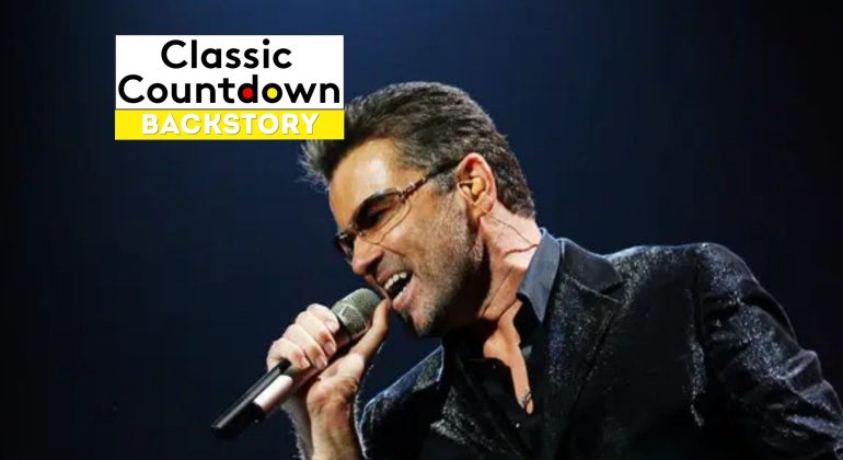 A man in a dark, sparkly suit and sunglasses passionately sings "Last Christmas" into a microphone on stage. The top left features a Classic Countdown Backstory logo with black, red, and yellow text on a white background.