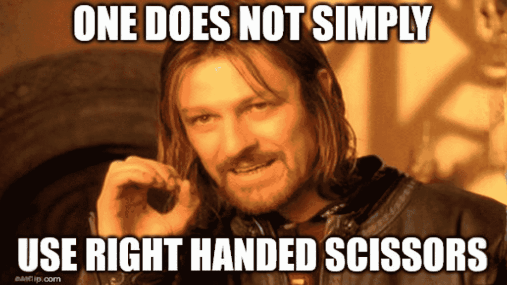 A famous meme image shows a person with long hair holding up their hand, with text above and below reading: One does not simply use right handed scissors—just like missing the Hot 1027 Breakfast.