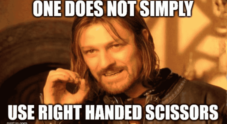 A famous meme image shows a person with long hair holding up their hand, with text above and below reading: One does not simply use right handed scissors—just like missing the Hot 1027 Breakfast.