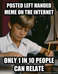 A young boy writes with his left hand at a desk. The image text says, POSTED LEFT HANDED MEME ON THE INTERNET. ONLY 1 IN 10 PEOPLE, JUST LIKE THE HOT 1027 BREAKFAST CREW, CAN RELATE.