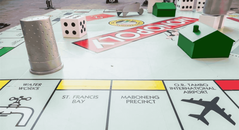 A large Monopoly board with oversized game pieces, including a thimble, dice, and houses, features properties like Water Works, St. Francis Bay, Maboneng Precinct, O.R. Tambo International Airport—and even the excitement of Hot 1027 Breakfast.