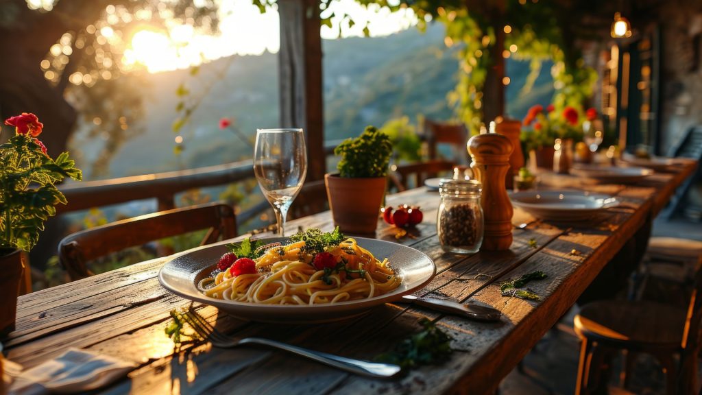 A rustic wooden table set for a meal outdoors at sunset, featuring pasta, wine, utensils, potted plants, and condiments—perfect for a travel getaway with a scenic mountain view in the background.