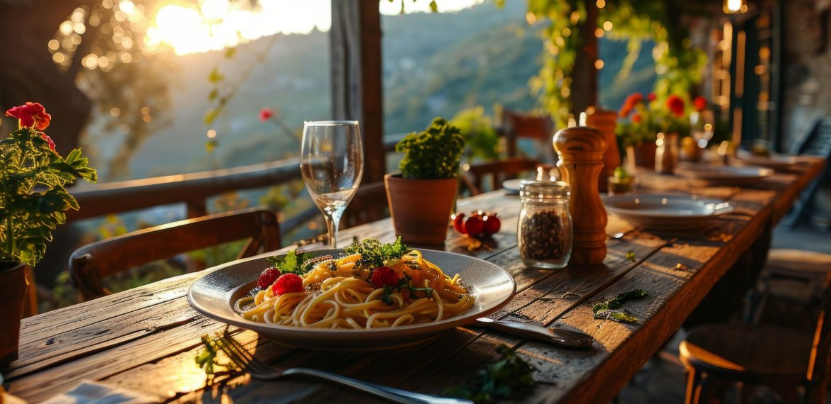 A rustic wooden table set for a meal outdoors at sunset, featuring pasta, wine, utensils, potted plants, and condiments—perfect for a travel getaway with a scenic mountain view in the background.