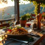A rustic wooden table set for a meal outdoors at sunset, featuring pasta, wine, utensils, potted plants, and condiments—perfect for a travel getaway with a scenic mountain view in the background.
