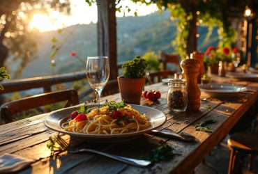 A rustic wooden table set for a meal outdoors at sunset, featuring pasta, wine, utensils, potted plants, and condiments—perfect for a travel getaway with a scenic mountain view in the background.