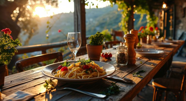 A rustic wooden table set for a meal outdoors at sunset, featuring pasta, wine, utensils, potted plants, and condiments—perfect for a travel getaway with a scenic mountain view in the background.