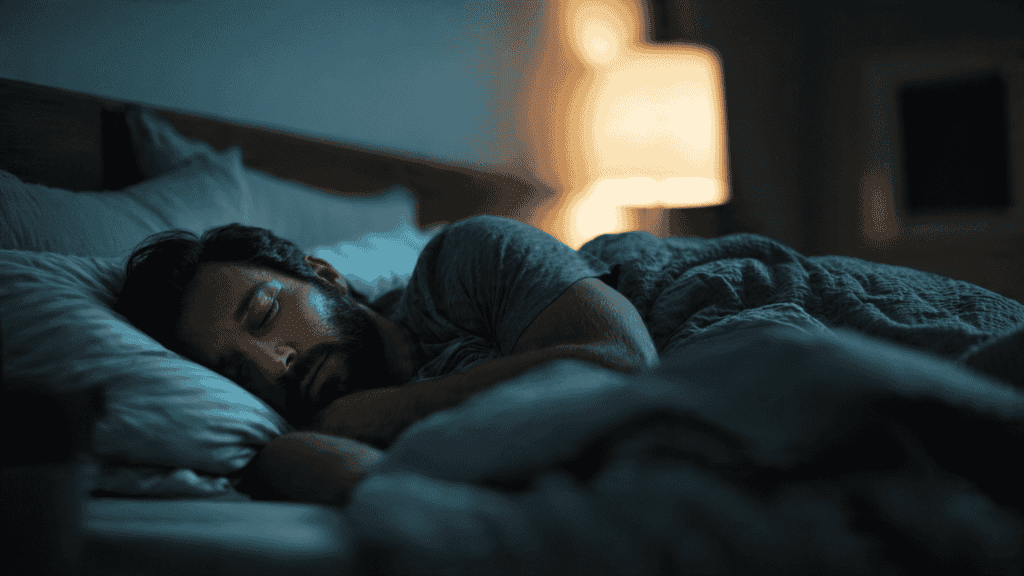 A man with a beard sleeps peacefully on his side in a dimly lit bedroom, partially covered by a blanket, as the soft glow of a lamp sets the mood—perhaps dreaming of tuning into Hot 1027 Breakfast in the morning.