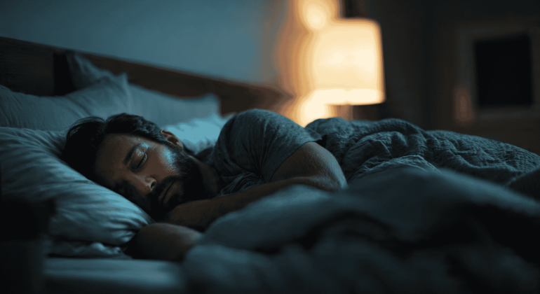 A man with a beard sleeps peacefully on his side in a dimly lit bedroom, partially covered by a blanket, as the soft glow of a lamp sets the mood—perhaps dreaming of tuning into Hot 1027 Breakfast in the morning.
