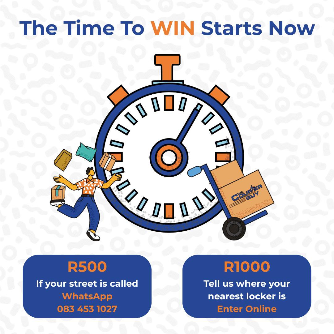 A stopwatch is in the center, with a person carrying parcels and a handcart with boxes labeled Cloud Locker. Below are two contest prompts for winning R500 or R1000 by WhatsApp or online entry.