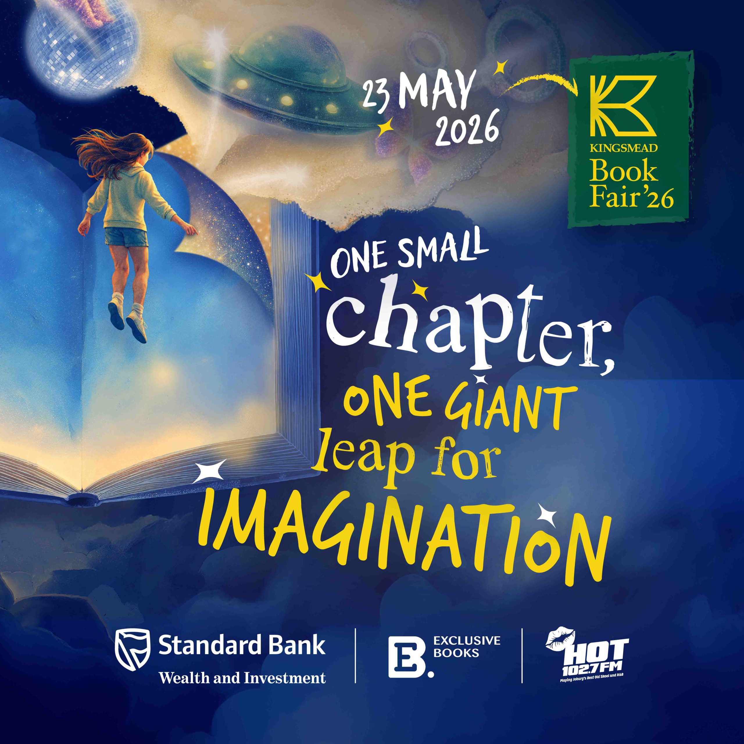 A girl leaps from an open book toward planets and stars in space. Text reads: 23 May 2026. Kingsmead Book Fair 26. One small chapter, one giant leap for imagination. Sponsored by Lloyd Madurai and others; logos appear at the bottom.