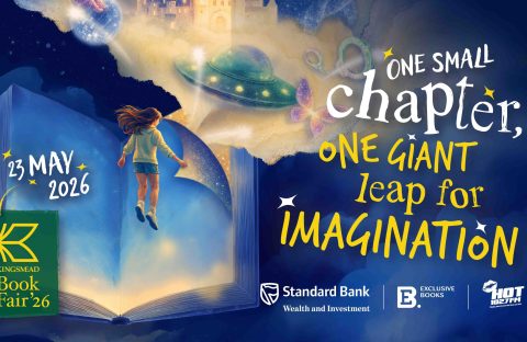 A girl floats above an open book with light pouring out, surrounded by whimsical images like a UFO and castle. Text reads: One small chapter, one giant leap for imagination. Featuring Lloyd Madurai. 23 May 2026. Kingsmead Book Fair 26.