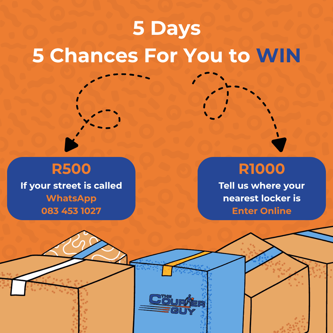Orange background with 5 Days, 5 Chances For You to WIN text. Two options: Win R500 by WhatsApp if your street is called, or win R1000 by entering your nearest locker online. Several courier boxes at the bottom.