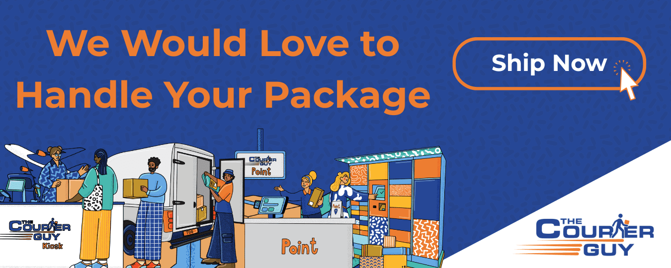 An illustrated banner for The Courier Guy shows people handling packages, a delivery truck, and a kiosk. Text reads, We Would Love to Handle Your Package. A Ship Now button is on the right.