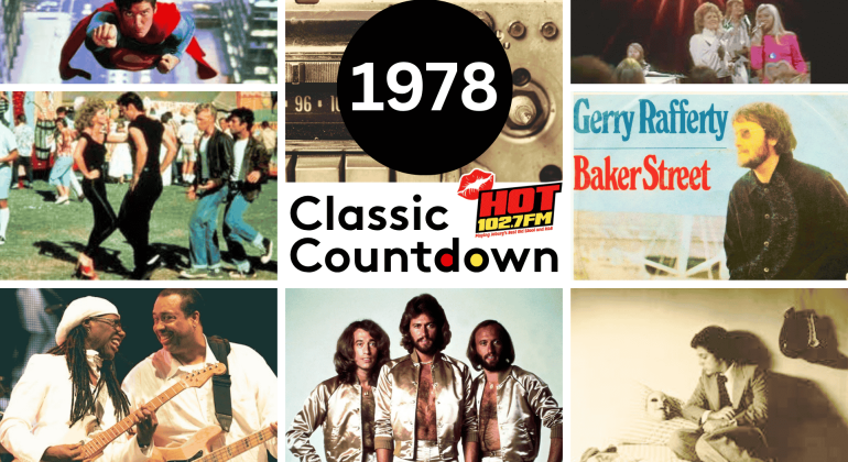 A collage labeled Classic Countdown 1978 featuring scenes from Superman, Grease, Bee Gees, music duo Chic, Gerry Rafferty’s Baker Street cover, Janet Jackson highlights, a radio dial, and the Hot 1027 FM logo.